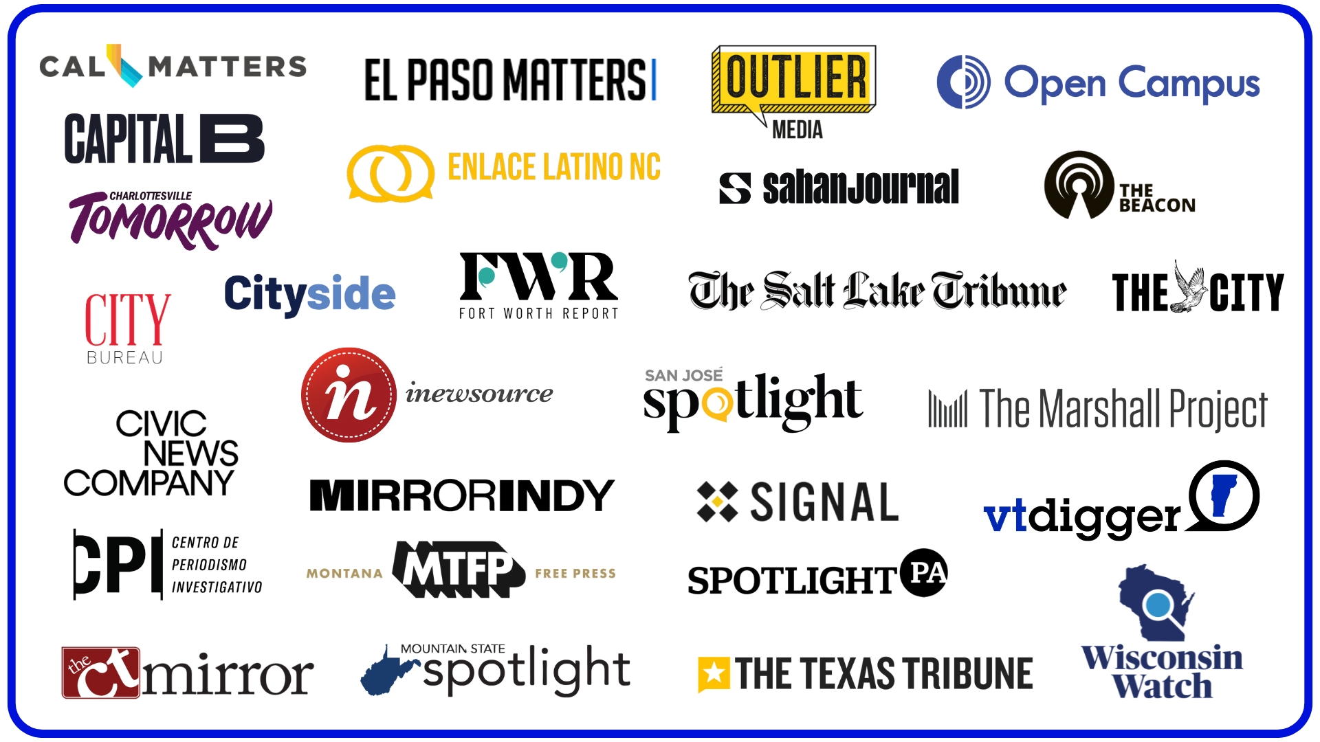 Logos pictured here represent all 28 newsrooms who received grant money to work on AI-powered solutions in nonprofit news.